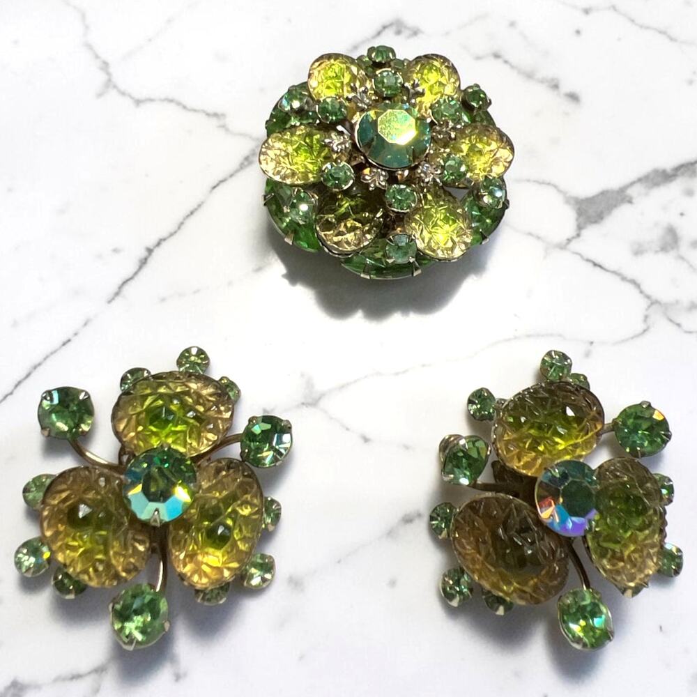 Vintage Judy Lee Green Lava Glass & Uranium Rhinestone Set Glows UV-repair pin